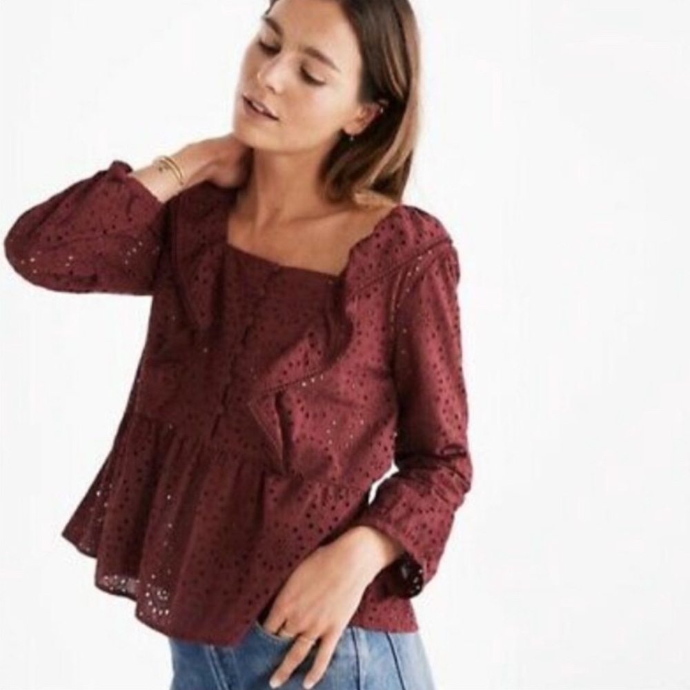 Madewell • Burgundy Eyelet Peplum Ruffle Top - M